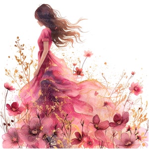 K&ouml;nnte beinhalten: Ein Aquarellbild einer Frau in einem rosafarbenen Kleid, die durch ein Feld mit rosa Blumen geht. Das Kleid ist flie&szlig;end und die Blumen sind zart. Der Hintergrund ist ein sanftes Wei&szlig;.
