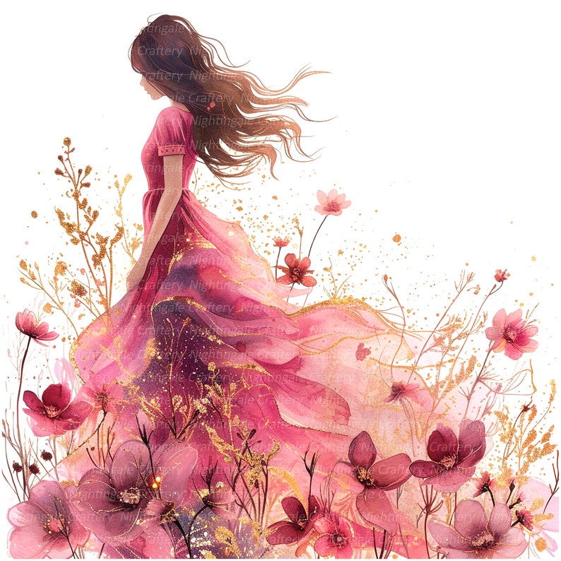 K&ouml;nnte beinhalten: Ein Aquarellbild einer Frau in einem rosafarbenen Kleid, die durch ein Feld mit rosa Blumen geht. Das Kleid ist flie&szlig;end und die Blumen sind zart. Der Hintergrund ist ein sanftes Wei&szlig;.