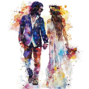 13 Clipart mariage hippie, clipart couple hippie, clipart aquarelle imprimable, fichiers JPG de haute qualité, téléchargement numérique, créations en papier, tenue d'un journal