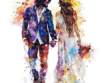 13 imágenes prediseñadas de boda hippie, imágenes prediseñadas de pareja hippie, imágenes prediseñadas de acuarela imprimibles, JPG de alta calidad, descarga digital, artesanía de papel, diario