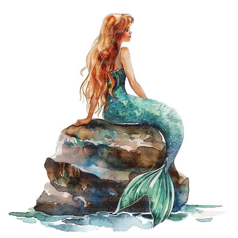8 Watercolor Mermaid Clipart, Mermaid On Stone, Printable Watercolor clipart, High Quality PNGs, Digital download, Paper craft, junk journal image 4