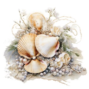 Puede incluir: Un grupo de conchas marinas, perlas y flores blancas dispuestas sobre un fondo blanco. Las conchas marinas son de diversas formas y tama&ntilde;os, y las perlas est&aacute;n esparcidas alrededor de las conchas. Las flores son blancas y delicadas, y a&ntilde;aden un toque de elegancia a la disposici&oacute;n.
