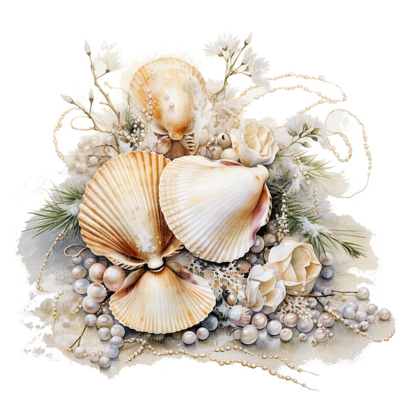 Puede incluir: Un grupo de conchas marinas, perlas y flores blancas dispuestas sobre un fondo blanco. Las conchas marinas son de diversas formas y tama&ntilde;os, y las perlas est&aacute;n esparcidas alrededor de las conchas. Las flores son blancas y delicadas, y a&ntilde;aden un toque de elegancia a la disposici&oacute;n.