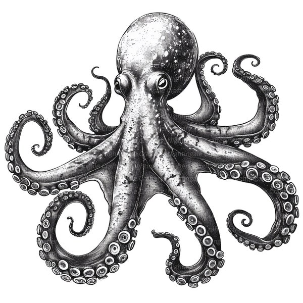 8 Imágenes prediseñadas de pulpo, tinta de pulpo, blanco negro, imágenes prediseñadas de acuarela imprimible, JPG de alta calidad, descarga digital, artesanía en papel, diarios basura