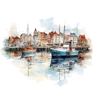 10 Clipart del paesaggio del porto, clipart acquerello stampabile, JPG di alta qualità, download digitale, alta risoluzione, artigianato di carta
