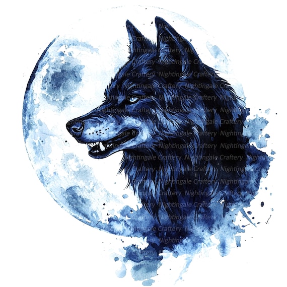 月明かりの中の狼のクリップアート 10 枚、狼の横顔、印刷可能な水彩画
