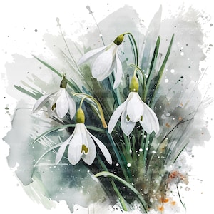 9 künstlerische Schneeglöckchen Clipart, Frühlingsblumen, druckbare Aquarell Clipart, hochwertige JPGs, digitaler Download, Papiermodell, Junk Journals