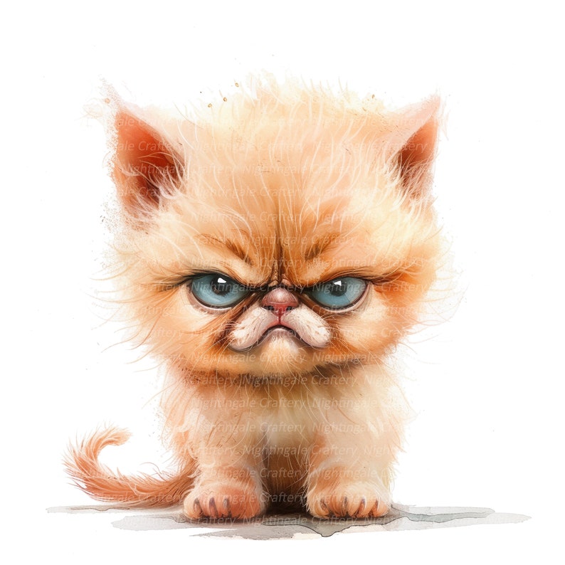 10 Super Grumpy Kitten Clipart, Fluffy Kitten, Printable Watercolor ...