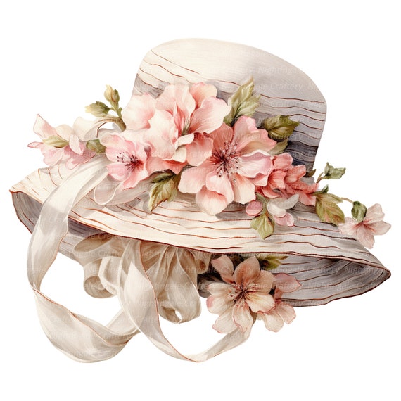 Flower hat 絵画原画 12 Floral Hat Clipart, Vintage Hat, Woman Hat, Printable