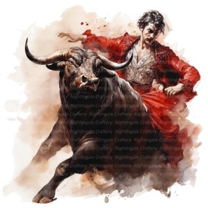 10 Matador und Stier Clipart, Torero Clipart, druckbare Aquarell Clipart, hochwertige JPGs, digitaler Download, Papier Handwerk