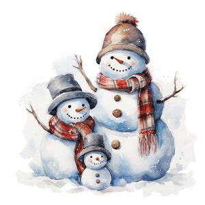 12 cliparts famille bonhomme de neige, clipart Noël, clipart aquarelle imprimable, fichiers JPG de haute qualité, téléchargement numérique, créations en papier, journal de bordel