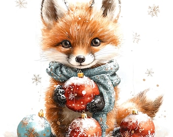 10 Christmas Fox Clipart, Christmas card, Printable Watercolor clipart, High Quality JPGs, Digital download, Paper craft, junk journals