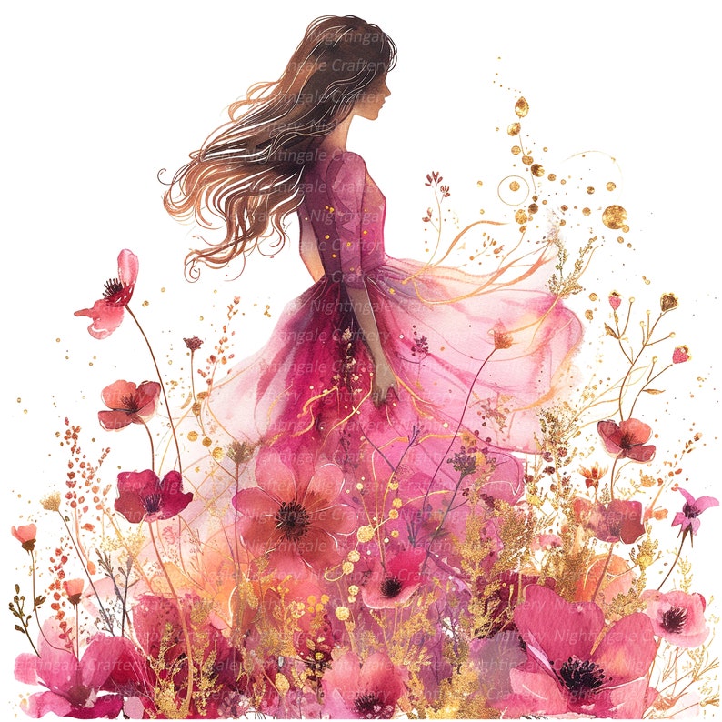 K&ouml;nnte beinhalten: Ein Aquarellbild einer Frau in einem rosa Kleid, die in einem Feld mit rosa Blumen steht. Die Frau hat langes braunes Haar und blickt nach rechts. Die Blumen bl&uuml;hen und haben gr&uuml;ne Stiele. Der Hintergrund ist ein wei&szlig;er Aquarell-Wasch.