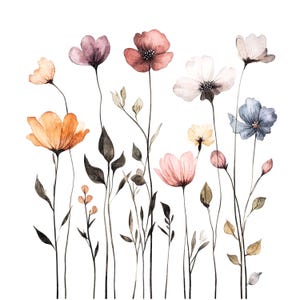 May include: A watercolour painting of a collection of flowers in shades of orange, pink, red, purple, white, and blue. The flowers have delicate petals and are set against a white background. The stems are thin and dark, with small leaves.