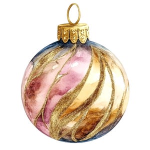 10 Clipart di palline di Natale, palline dorate rosa, clipart di acquerelli stampabili, PNG di alta qualità, download digitale, artigianato di carta, creazione di biglietti