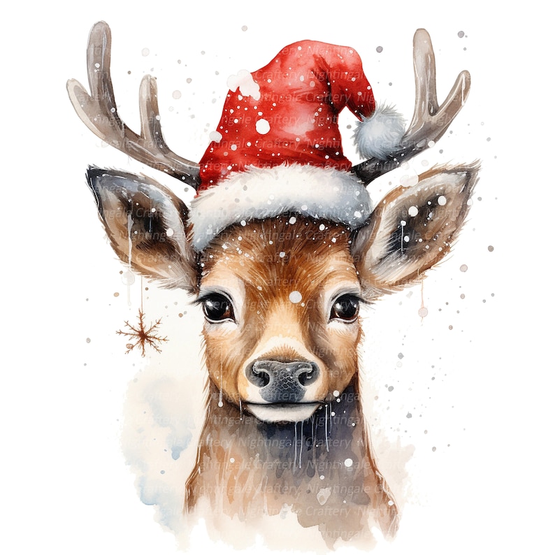 12 Deer With Santa Hat Clipart, Reindeer, Fawn, Printable Watercolor ...