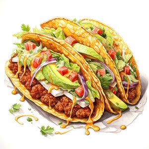 May include: Three crispy golden brown tacos filled with ground beef, shredded cheese, diced tomatoes, red onion, avocado, and lettuce. The tacos are drizzled with a yellow sauce and are sitting on a white surface.