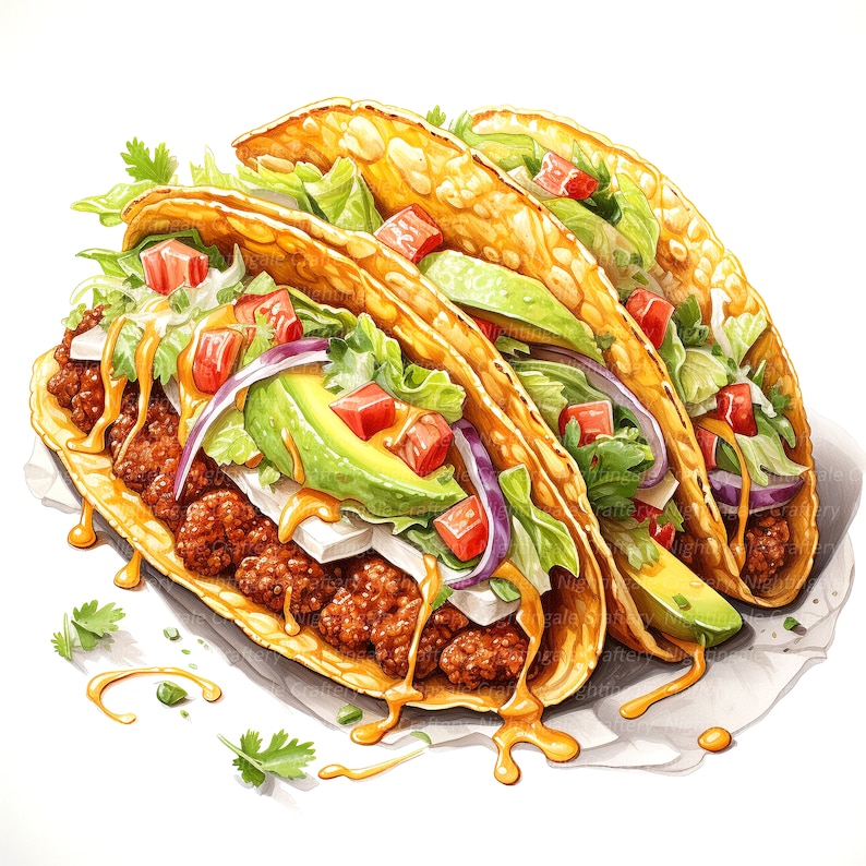 May include: Three crispy golden brown tacos filled with ground beef, shredded cheese, diced tomatoes, red onion, avocado, and lettuce. The tacos are drizzled with a yellow sauce and are sitting on a white surface.