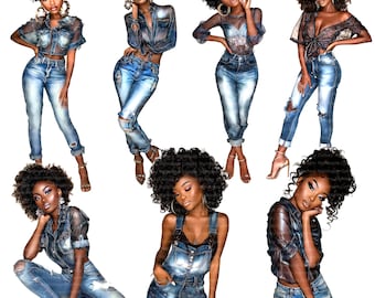 12 PNG Black Girl Fashion Clipart, Modern Afro American Girl, Printable Watercolor clipart, Digital download, Paper craft, journals