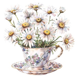 10 margherite in tazza di tè clipart, tazza di tè floreale, clipart acquerello stampabile, JPG di alta qualità, download digitale, artigianato di carta, diario spazzatura