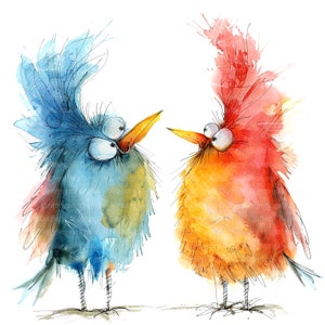 12 Whimsical Birds Clipart, Two Birds, Digital Clipart, Watercolor clipart, High Quality JPGs, Printable clipart, Digital download, Crafts
