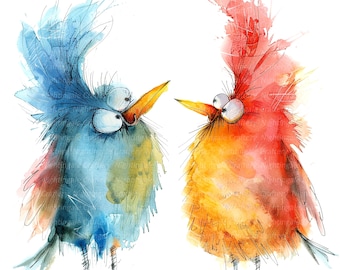 12 grillige vogels clipart, twee vogels, digitale clipart, aquarel clipart, hoge kwaliteit jpg's, afdrukbare clipart, digitale download, ambachten