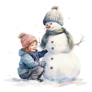 12 imágenes prediseñadas de niño y muñeco de nieve, niño en invierno, imágenes prediseñadas de acuarela imprimibles, JPG/PNG de alta calidad, descarga digital, manualidades de papel, diario basura