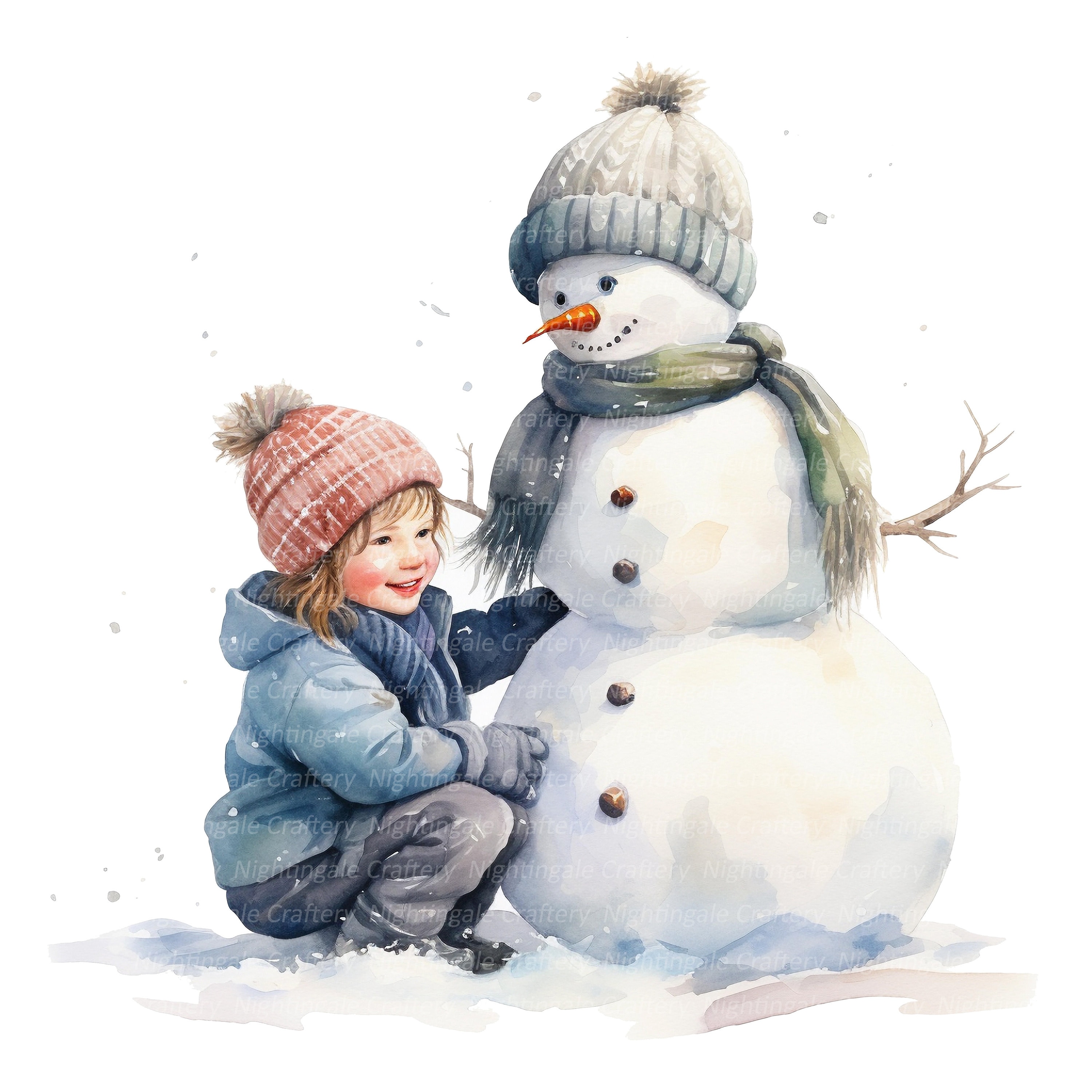 12 Kid and Snowman Clipart, Kid in Winter, Printable Watercolor clipart, High Quality JPG/PNGs, Digital download, Paper craft, junk journal