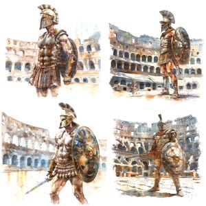 Op de afbeelding: Vier aquarellen van Romeinse gladiatoren voor het Colosseum. Elke gladiator draagt ​​een helm, een harnas en houdt een schild en een zwaard vast. Het Colosseum is geschilderd in tinten bruin en grijs.