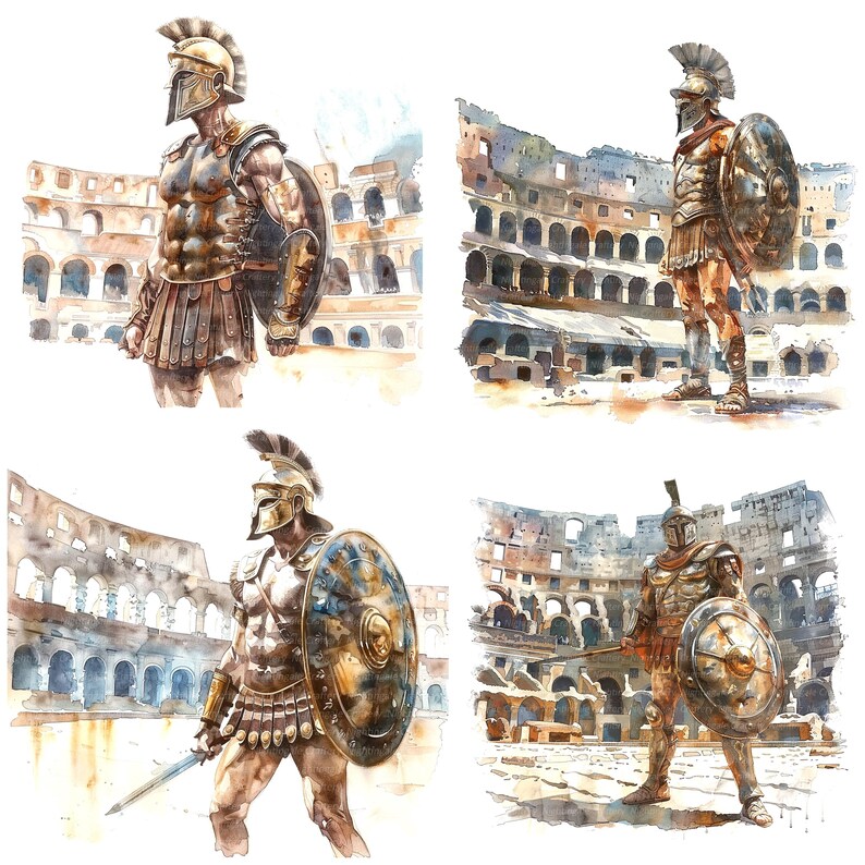 Op de afbeelding: Vier aquarellen van Romeinse gladiatoren voor het Colosseum. Elke gladiator draagt ​​een helm, een harnas en houdt een schild en een zwaard vast. Het Colosseum is geschilderd in tinten bruin en grijs.