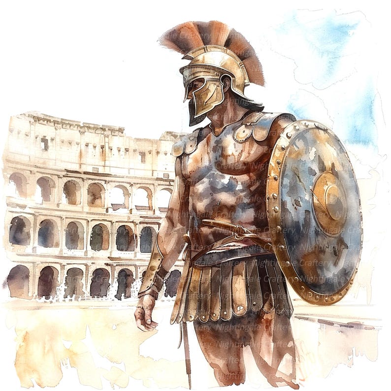 Op de afbeelding: Een aquarel van een Romeinse soldaat met een helm en harnas, die een schild vasthoudt. De soldaat staat voor het Colosseum.