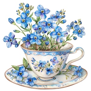 10 Clipart de tasse de thé ne m'oubliez pas, tasse de thé florale, clipart aquarelle imprimable, fichiers JPG de haute qualité, téléchargement numérique, créations en papier, journal