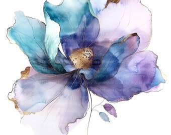 May include: A watercolor painting of a large, blue and purple flower with gold accents. The flower has a delicate, ethereal quality.