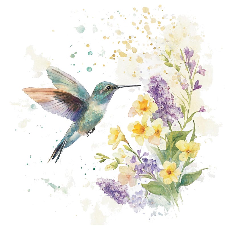 Puede incluir: Una pintura de acuarela de un colibr&iacute; en vuelo, con un fondo de flores amarillas y moradas. El colibr&iacute; es verde y azul con un pico largo y alas marrones. Las flores est&aacute;n en flor y tienen hojas verdes.