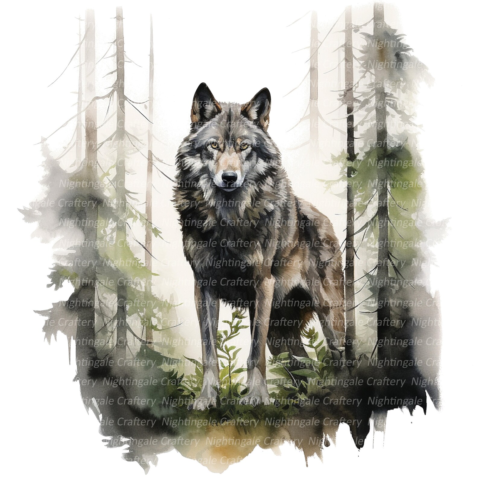 Wolf in Forest Clipart, Printable Watercolor Clipart, 10 High Quality ...