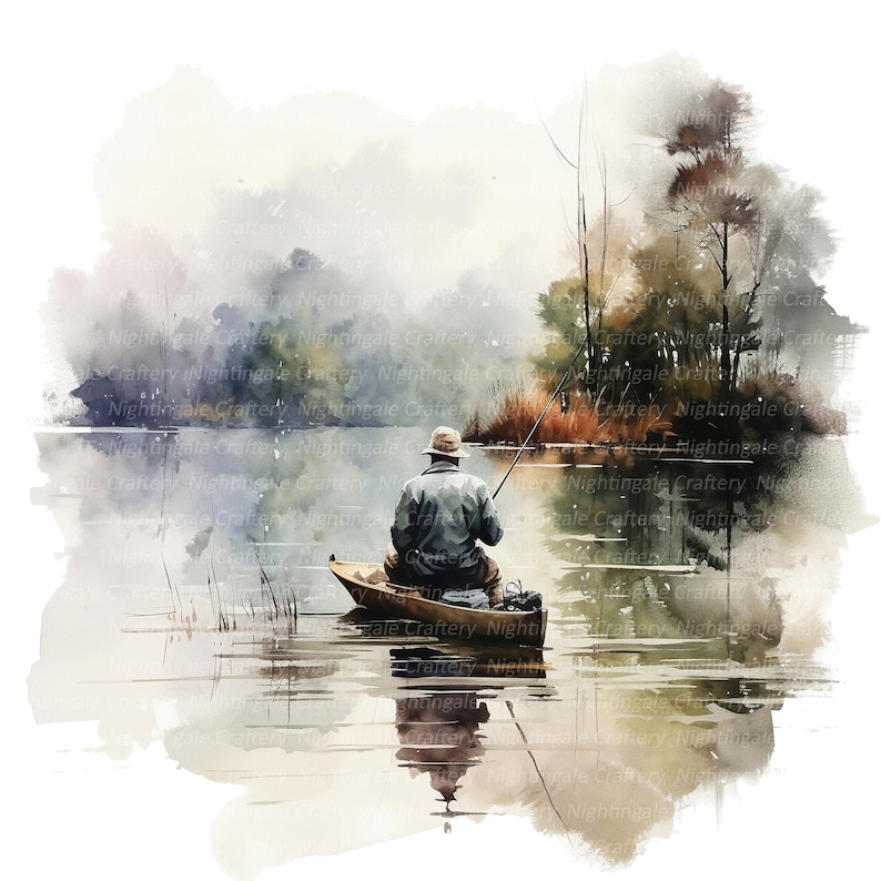 May include: A watercolor painting of a person fishing from a small wooden boat on a lake. The person is wearing a hat and a jacket. The lake is surrounded by trees and the sky is cloudy.