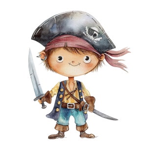 12 cliparts pirates de dessin animé, impression pirates mignons, clipart aquarelle imprimable, JPG de haute qualité, téléchargement numérique, créations en papier, journal indésirable image 6