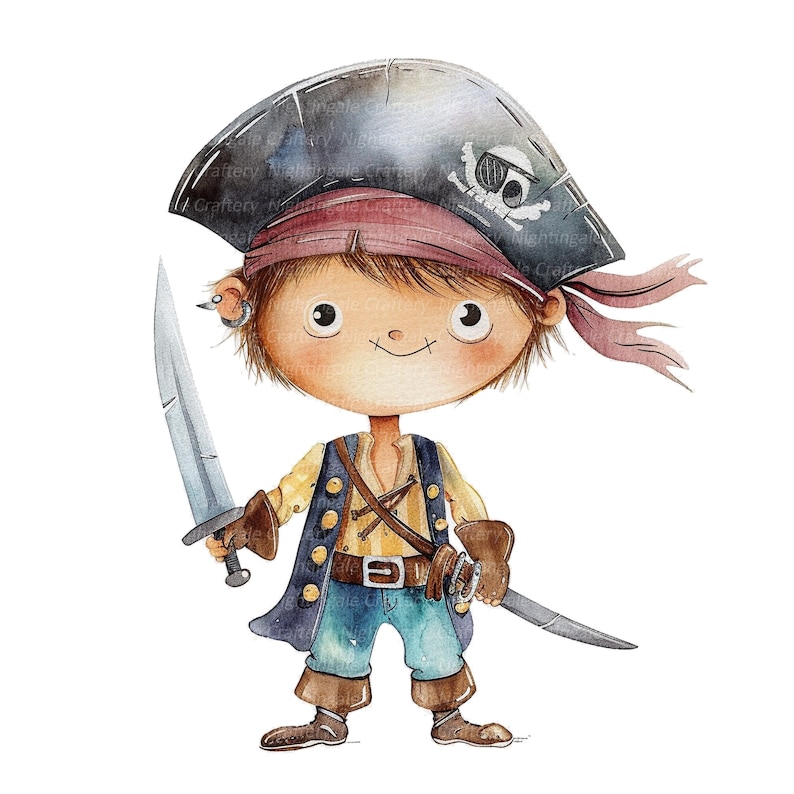 12 cliparts pirates de dessin animé, impression pirates mignons, clipart aquarelle imprimable, JPG de haute qualité, téléchargement numérique, créations en papier, journal indésirable image 6