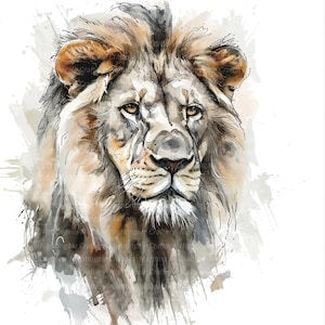 K&ouml;nnte beinhalten: Ein Aquarellbild eines L&ouml;wenkopfes, das seine M&auml;hne und Gesichtsz&uuml;ge detailliert darstellt. Die Augen des L&ouml;wen sind offen und vermitteln einen ruhigen und majest&auml;tischen Ausdruck.
