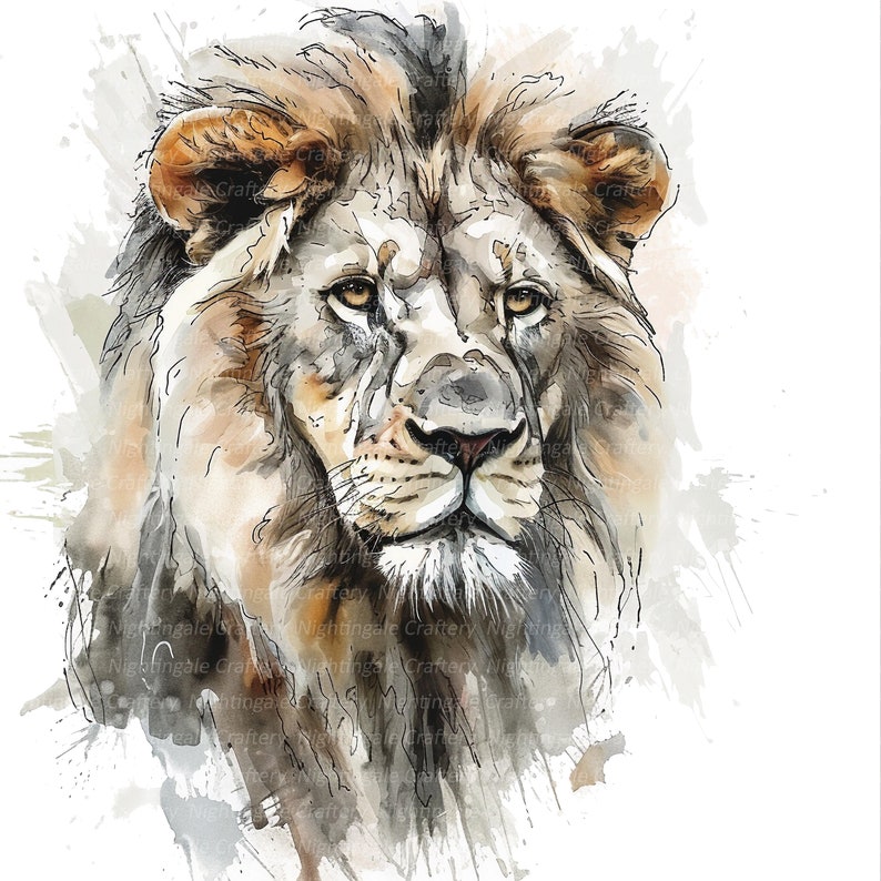 K&ouml;nnte beinhalten: Ein Aquarellbild eines L&ouml;wenkopfes, das seine M&auml;hne und Gesichtsz&uuml;ge detailliert darstellt. Die Augen des L&ouml;wen sind offen und vermitteln einen ruhigen und majest&auml;tischen Ausdruck.