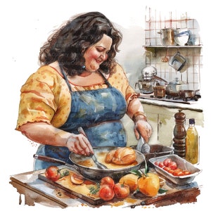 11 Clipart de culinária de mulher curvilínea, Mulher na cozinha, clipart em aquarela para impressão, JPGs de alta qualidade, download digital, artesanato em papel, registro no diário