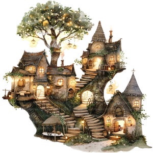 12 Whimsical Fairy Village Clipart, Fairy House, clipart acquerello stampabile, JPG di alta qualità, download digitale, artigianato con la carta, album di ritagli