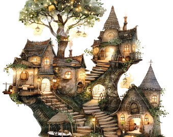 12 Whimsical Fairy Village Clipart, Fairy House, Printable Watercolor clipart, High Quality JPGs, Digital download, Paper craft, scrapbook