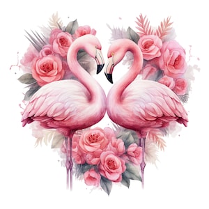 10 clipart floral flamingo amor, formato de coração, clipart aquarela imprimível, JPGs de alta qualidade, download digital, artesanato em papel, diário de lixo eletrônico