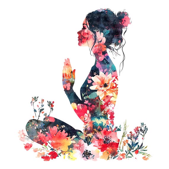 10 Floral Woman Praying Clipart, Prayers, Printable Watercolor clipart, High Quality JPGs, Digital download, Paper craft, junk journal