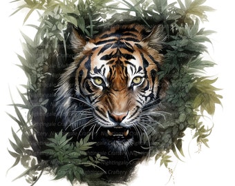 12 Tiger in Jungle Clipart, Jungle Clipart, Printable Watercolor clipart, 14 High Quality JPGs, Digital download, Paper crafts, junk journal