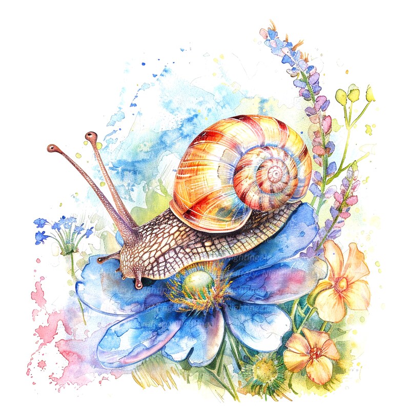 Puede incluir: Una pintura de acuarela de un caracol arrastr&aacute;ndose sobre una flor azul con flores amarillas y lavanda en el fondo.