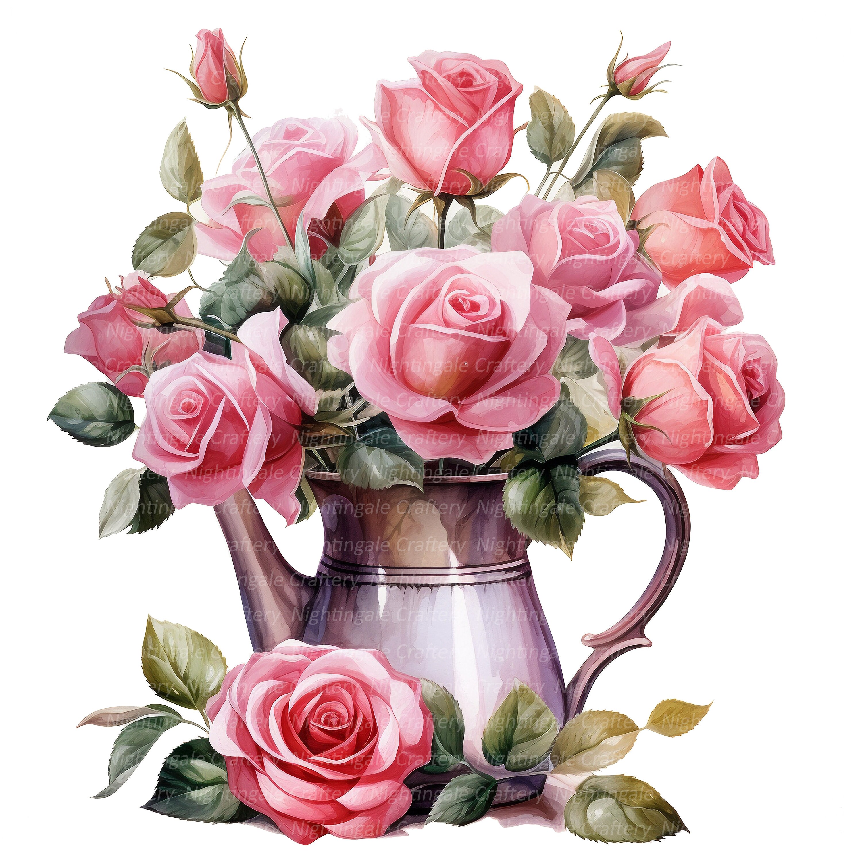 10 Pink Roses in Pot Clipart, Roses Bouquet, Printable Watercolor ...