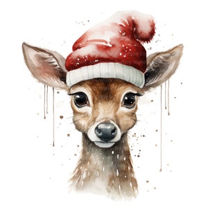 12 Deer With Santa Hat Clipart, Reindeer, Fawn, Printable Watercolor ...