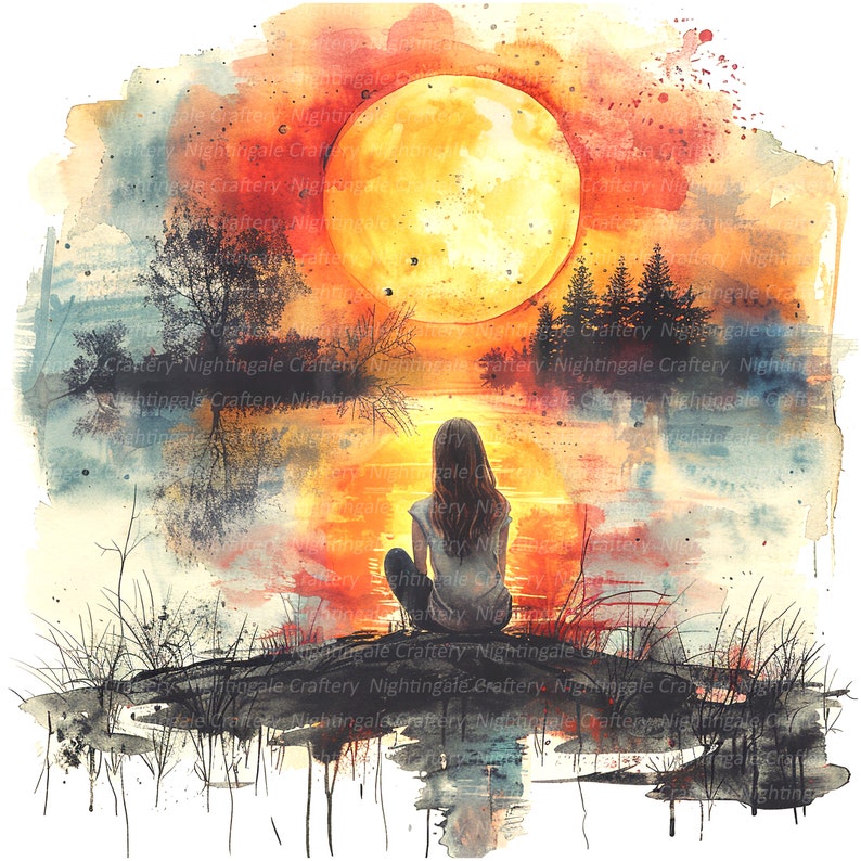 Puede incluir: Pintura a la acuarela de una persona sentada junto a un lago, frente a un gran sol amarillo brillante. La escena incluye &aacute;rboles, reflejos en el agua y un cielo colorido con tonos naranja, rojo y azul. El texto "Nightingale Craftery" est&aacute; presente.
